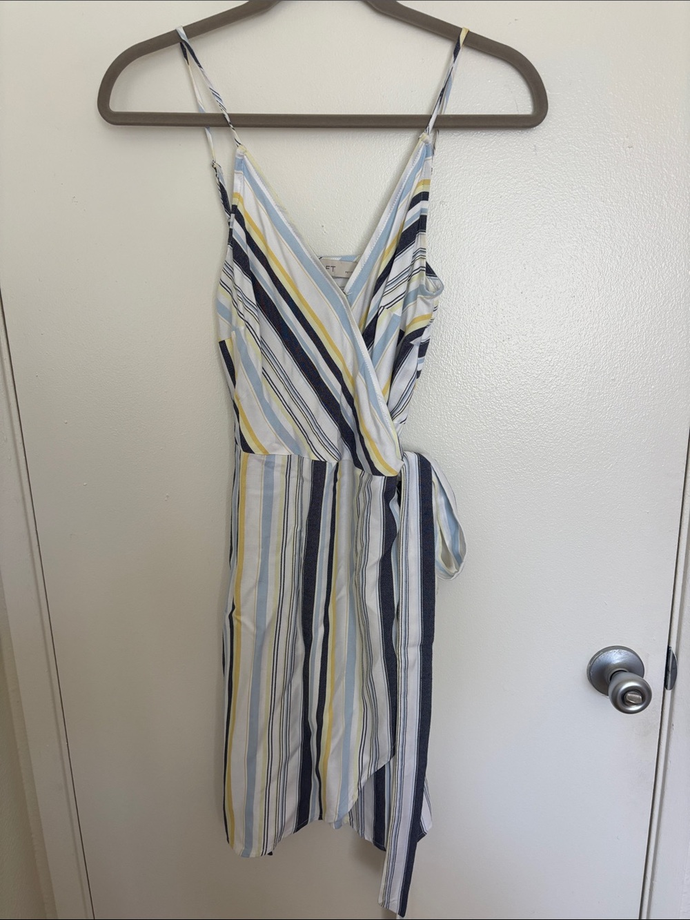 LOFT Striped Wrap Dress in Yellow, Light Blue, Navy, White